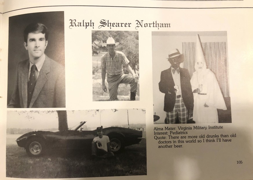 This image shows Virginia Gov. Ralph Northam’s page in his 1984 Eastern Virginia Medical School yearbook. The page shows a picture, at right, of a person in blackface and another wearing a Ku Klux Kla ...