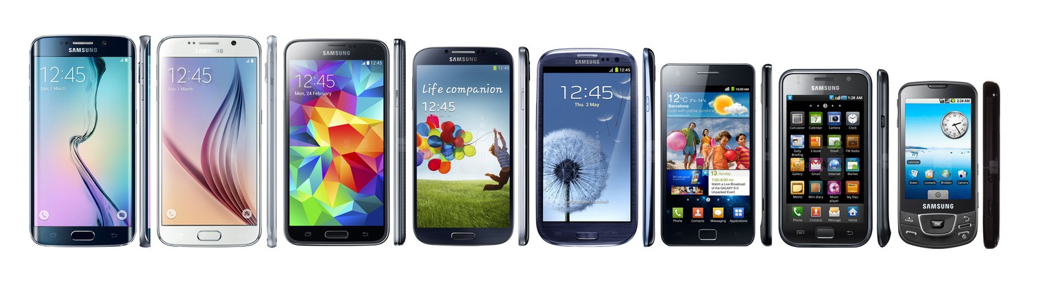Die Samsung-Galaxy-Reihe auf einen Blick: (v.l.) Glaxy S6 Edge, Galaxy S6, Galaxy S5, Galaxy S4, Galaxy S3, Galaxy S2, Galaxy S und Galaxy.
