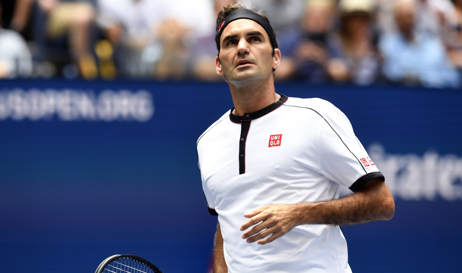 Roger Federer, of Switzerland, walks on the court to face David Goffin, of Belgium, during the fourth round of the US Open tennis championships Sunday, Sept. 1, 2019, in New York. (AP Photo/Sarah Stie ...