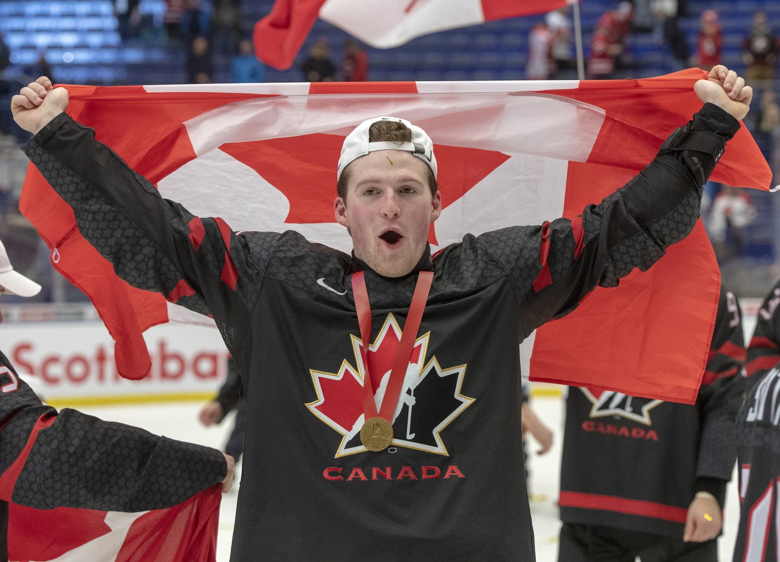 Canada&#039;s Alexis Lafreniere celebrates after defeating Russia in the gold medal game at the World Junior Hockey Championships, Sunday, Jan. 5, 2020, in Ostrava, Czech Republic. (Ryan Remiorz/The C ...