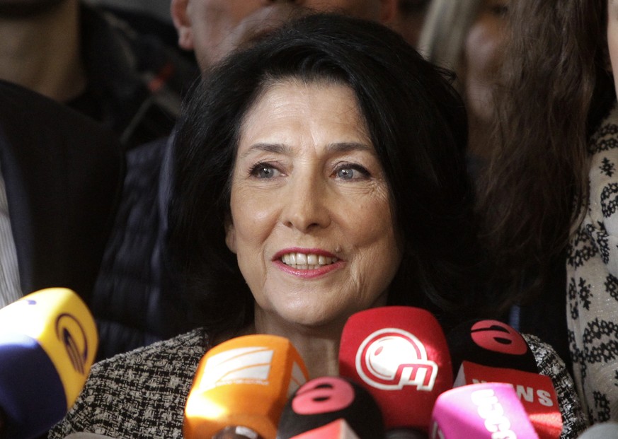 Salome Zurabishvili, former Georgian Foreign minister and presidential candidate, speaks to the media at her campaign headquarter in Tbilisi, Georgia, Wednesday, Nov. 28, 2018. the French-born former  ...