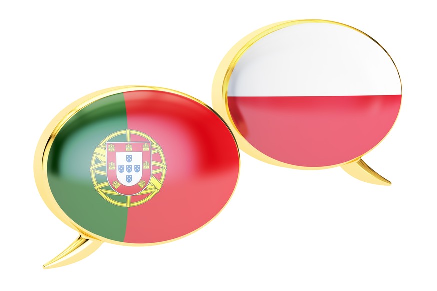 Portugiesische und polnische Flagge, Sprechblase (SYmbolbild)