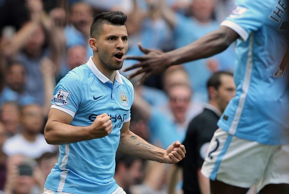 epa05294929 Sergio Aguero of Manchester City reacts after scoring against Arsenal during the English Premier League soccer match between Manchester City and Arsenal at the Etihad Stadium, Manchester,  ...