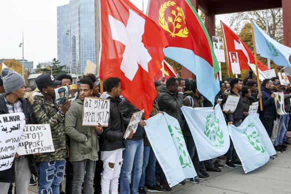 Eritreans living in Switzerland protest against the recent rapprochement of Switzerland with the Eritrea&#039;s regime, during a rally on the Place des Nations, in front of the European headquarters o ...