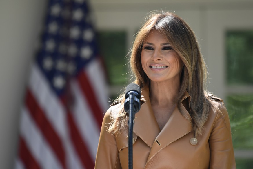 First lady Melania Trump speaks on her initiatives during an event in the Rose Garden of the White House, Monday, May 7, 2018, in Washington. The first lady gave her multipronged effort to promote the ...