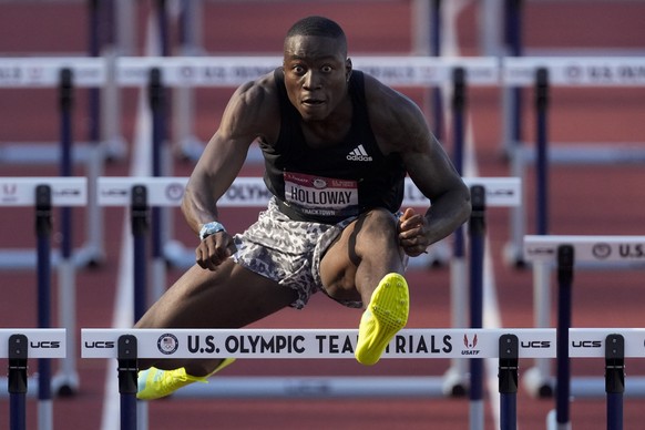 Grant Holloway wins a semi-final in the men&#039;s 110-meter hurdles at the U.S. Olympic Track and Field Trials Saturday, June 26, 2021, in Eugene, Ore. (AP Photo/Ashley Landis)