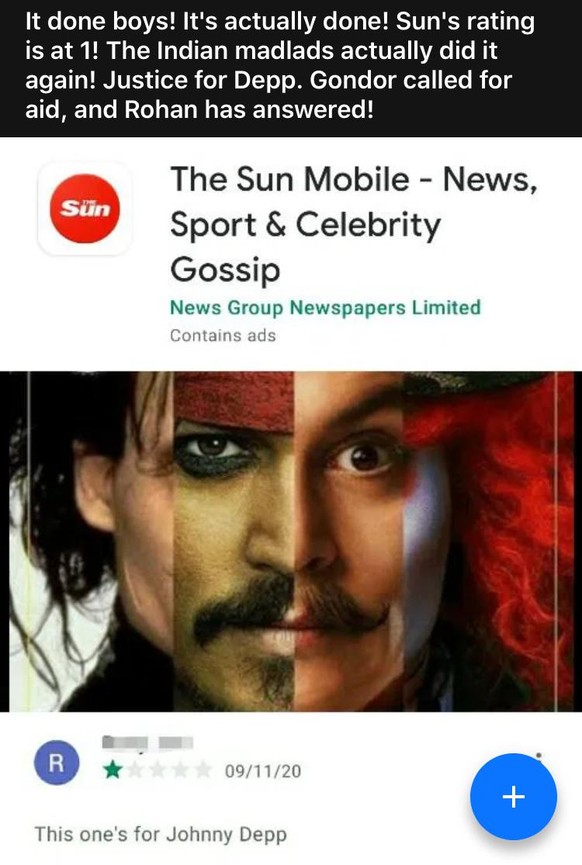 Auf 9Gag wird der Sieg über The Sun gefeiert. Inder hätten wegen der schlechten Berichterstattung über Johnny Depp wegen Amber Heard die Newswebsite mit schlechten Bewertungen überflutet.