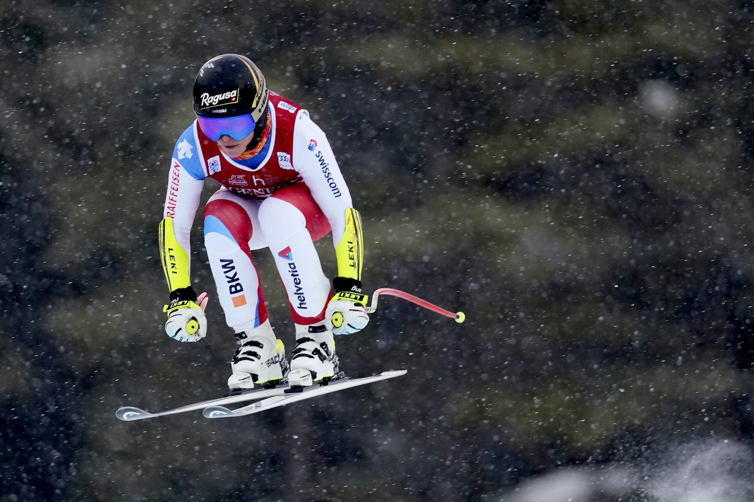 Lara Gut-Behrami, of Switzerland, skis down the course during the first training run for a women&#039;s downhill World Cup ski race, in Lake Louise, Alberta, Tuesday, Dec. 3, 2019. (Frank Gunn/The Can ...