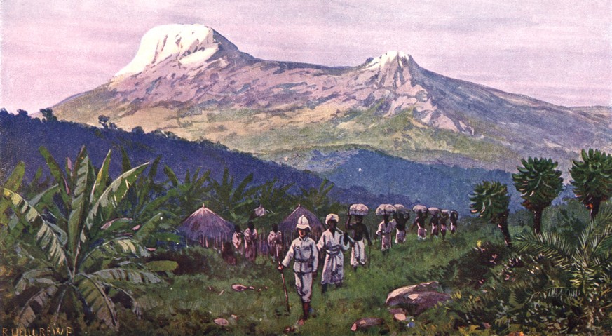 Die Original-Bildbeschreibung aus dem «Brockhaus» von 1911:&nbsp;«Der Kilimandscharo. Landschafts- und Kulturbild, im Vordergrunde Negerhütten und Trägerkarawane der deutschen Schutztruppe.»
