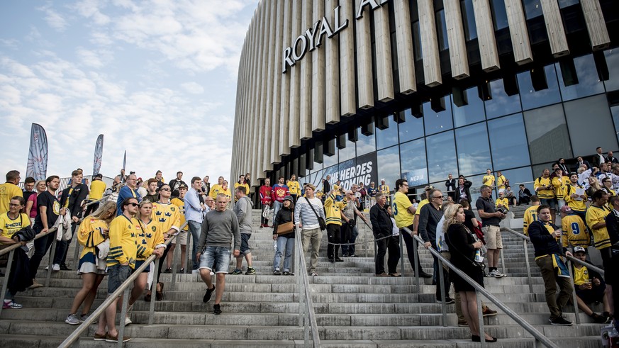 Sweden fans gather outside the venue prior to the Ice Hockey World Championships group A ice hockey match between Russia and Sweden, at the Royal Arena in Copenhagen, Denmark, Tuesday, May 15, 2018. ( ...