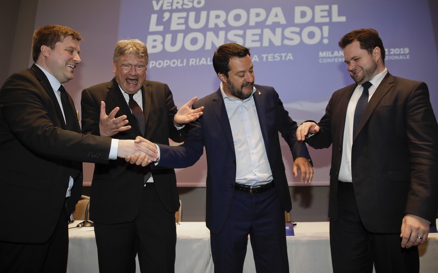 From left, Olli Kotro, leader of The Finns Party, Jörg Meuthen, leader of Alternative For Germany party, Matteo Salvini, Italian deputy-Premier and leader of the League party, and Anders Vistisen, lea ...
