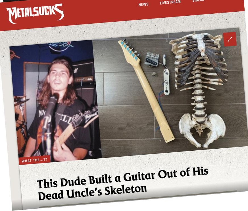 skelecaster Uncle Filip Skelett-Gitarre heavy meta Prince Darkness musik gitarre https://www.metalsucks.net/2021/02/09/this-dude-built-a-guitar-out-of-his-dead-uncles-skeleton/