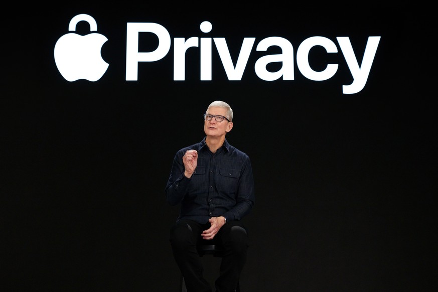 epa09253840 A handout photo made available by Apple showing Apple CEO Tim Cook previews powerful new privacy protections at Apple&#039;s Worldwide Developers Conference at Apple Park in Cupertino, Cal ...