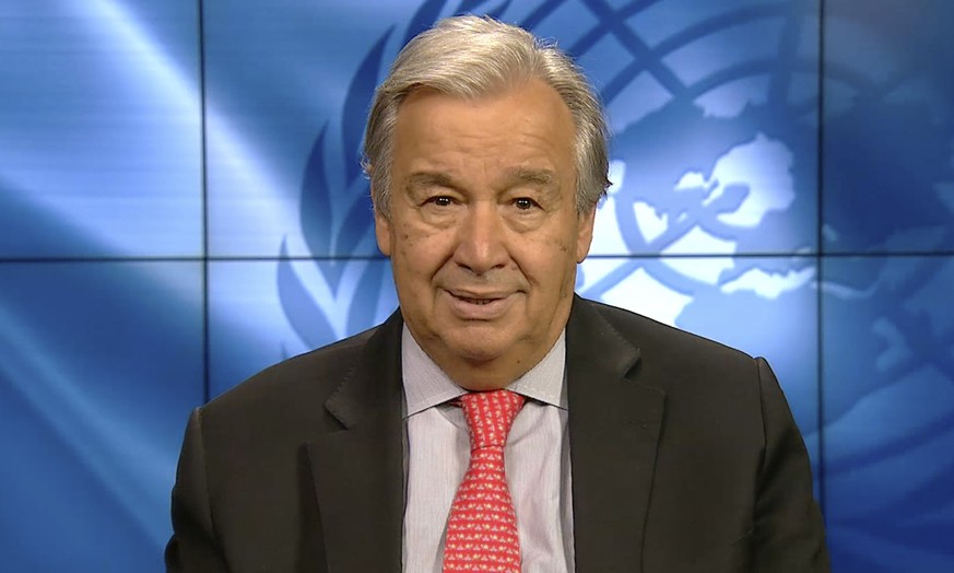 FILE In this photo taken from a pre-recorded video streamed online and provided by Ministry of Environment Government of Japan, U.N. Secretary General Antonio Guterres speaks during the Online Platfor ...