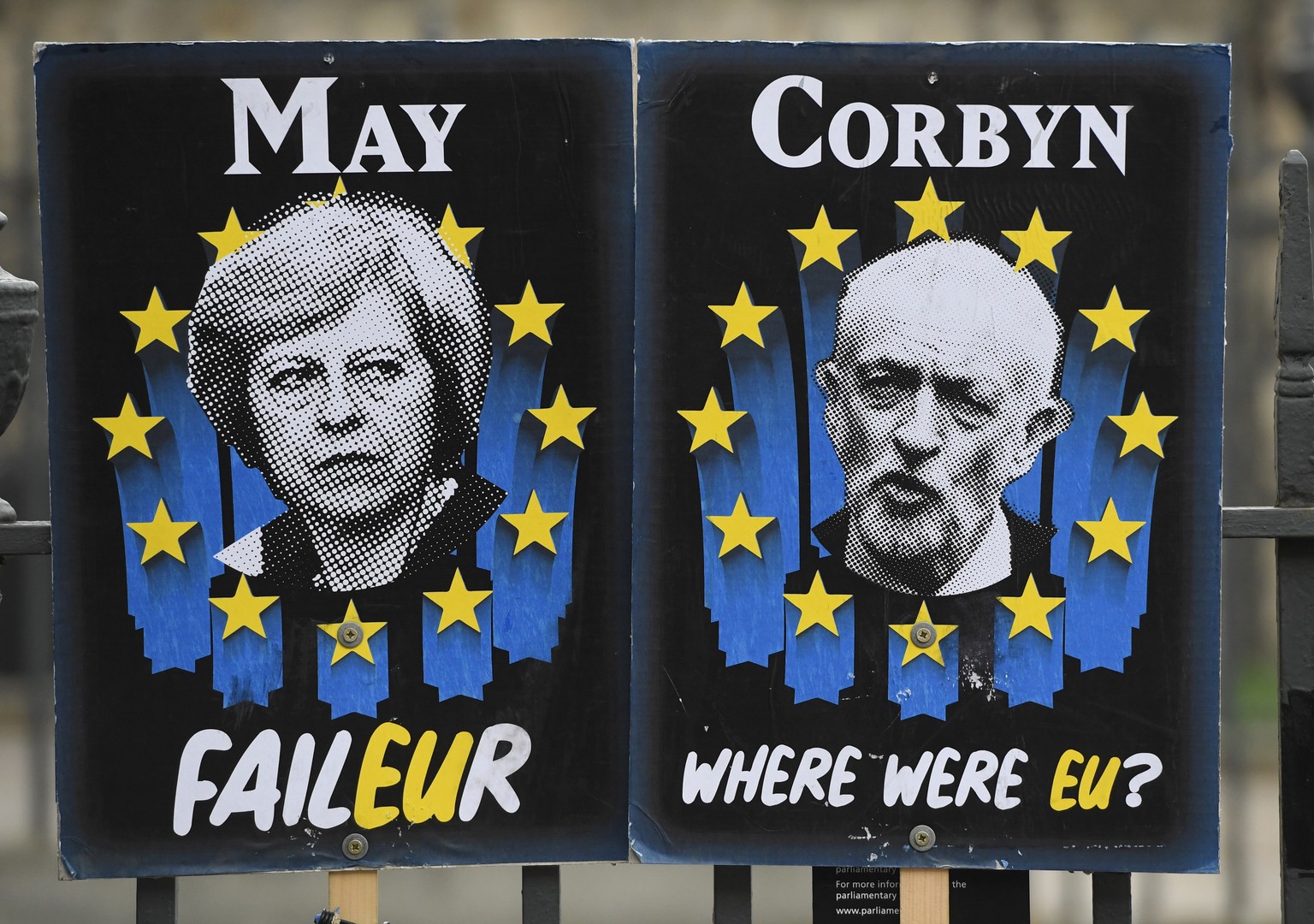 epa07482549 Posters mocking British politicians outside the Houses of Parliament in Westminster, central London, Britain, 03 April 2019. Reports state that British Prime Minister Theresa May is expect ...