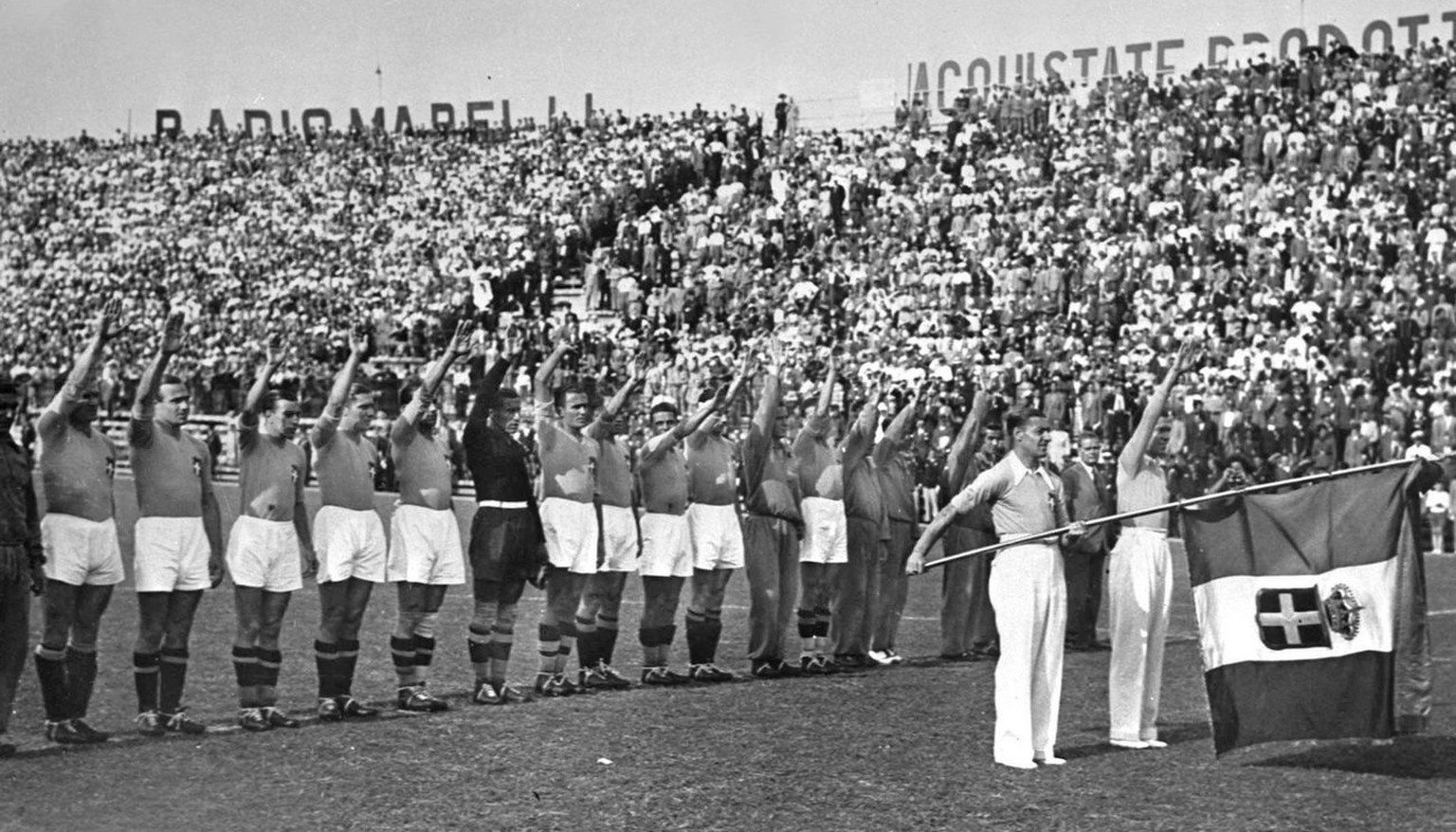 Italian soccer team performs the fascist salute before the kick off of the World Cup Final. Italy defeated Czechoslovakia 2-1 after extra time to win the Rimet Cup on June 10, 1934, at the Fascist Nat ...