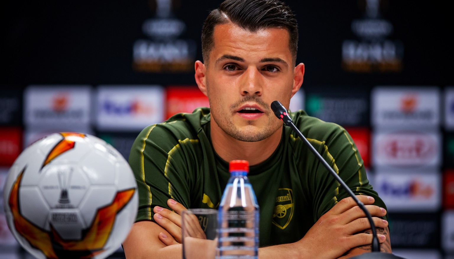 epa07608396 A handout provided by UEFA shows Granit Xhaka of Arsenal during a press conference at the Olympic Stadium in Baku, Azerbaijan, 28 May 2019. Arsenal will play Chelsea in the UEFA Europa Lea ...