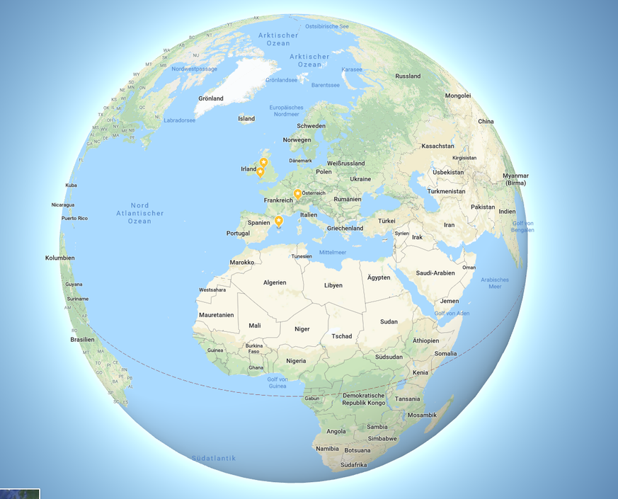 Neues Google Maps: Zoomt man in der Desktop-Version heraus, wird die Erde wie bei Google Earth als Kugel dargestellt und Länder erscheinen entsprechend ihrer wahren Grösse.&nbsp;