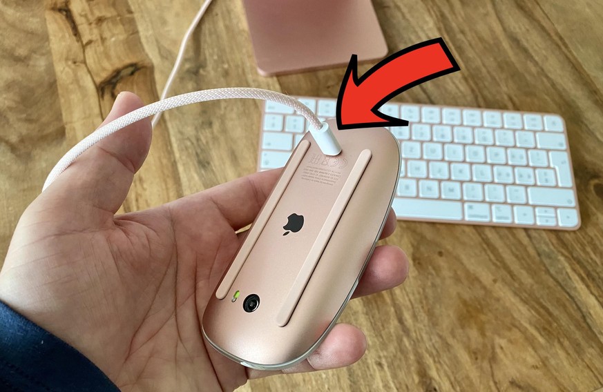 Kein Lachsbrötchen! Auch die neue «Magic Mouse» (2021) wird an der Unterseite aufgeladen. Das kann man mit dem beiliegenden Kabel tun, mit dem die Magic Tastatur angeschlossen wird.