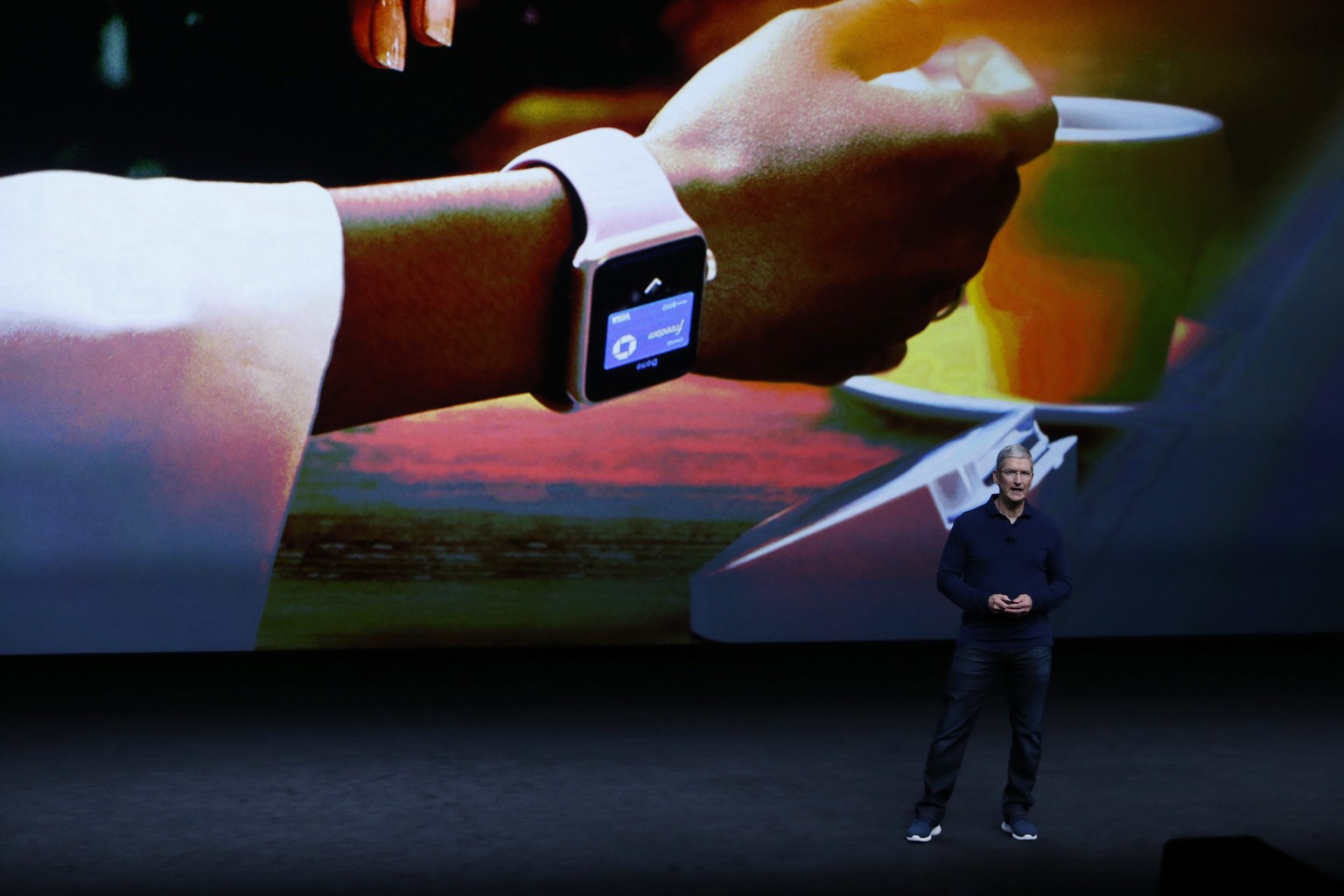 epa05529012 Apple CEO Tim Cook speaks about the new Apple Watch during the Apple launch event at the Bill Graham Civic Auditorium in San Francisco, California, USA, 07 September 2016. Media reports in ...