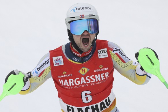Norway&#039;s Sebastian Foss-Solevaag reacts as he wins an alpine ski, men&#039;s World Cup slalom in Flachau, Austria, Sunday, Jan. 17, 2021. (AP Photo/Alessandro Trovati)