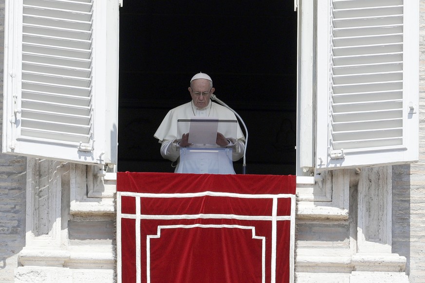 FILE - In this Sunday, Aug. 19, 2018 file photo, Pope Francis prays for the victims of the Kerala floods during the Angelus noon prayer in St.Peter&#039;s Square, at the Vatican. Pope Francis has issu ...