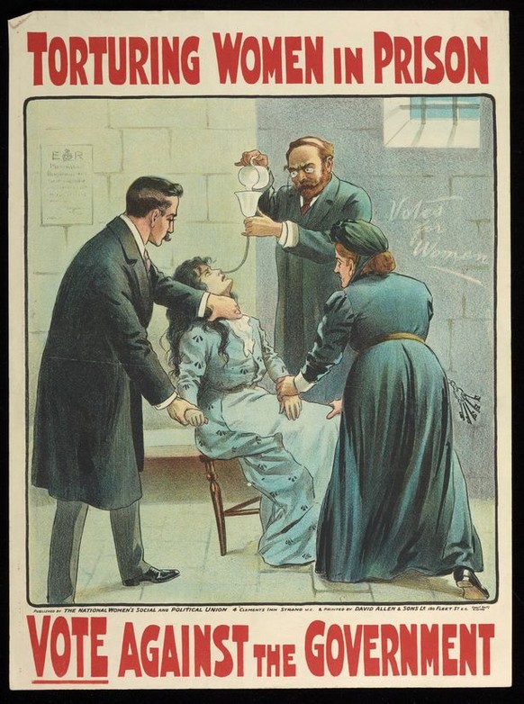 Ein Poster der Suffrageten gegen die in britischen Frauengefängnissen mit brutalsten Methoden durchgeführte Zwangsernährung.