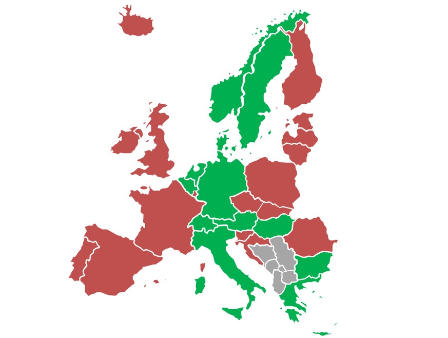 Grün: Länder des EU-/-Schengenraums, welche die Quote bereits (über)erfüllenRot: Länder des EU-/Schengenraums, welche die Quote nicht erfüllenGrau: Weder Mitglied der EU noch des Schengenraums