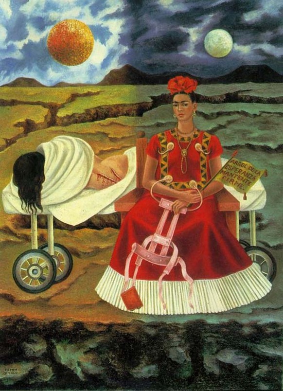 «Baum der Hoffnung», 1946: Das Bild zeigt eine Frida, die noch nicht aus der Narkose aufgewacht ist, und eine wache Frida, die ihr rosa (Farbe der Ironie) Korsett wie eine Trophäe ihres OP-Marathons h ...