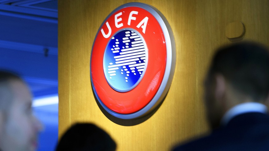 epa09143821 (FILE) - The UEFA logo on display after the meeting of the UEFA Executive Committee at the UEFA headquarters in Nyon, Switzerland, 07 December 2017 (re-issued on 18 April 2020). The UEFA r ...
