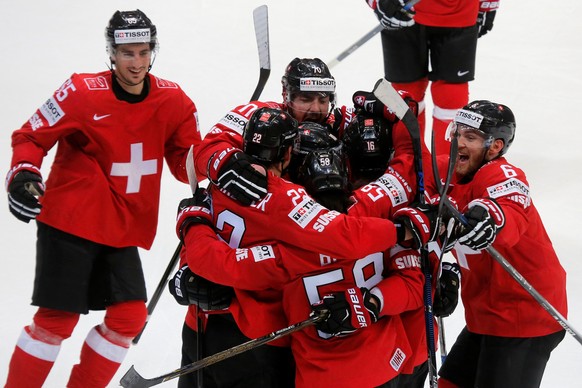 Ice Hockey - 2016 IIHF World Championship - Group A - Switzerland v Denmark - Moscow, Russia - 10/5/16 - Switzerland&#039;s national team players celebrate their victory against Denmark. REUTERS/Maxim ...