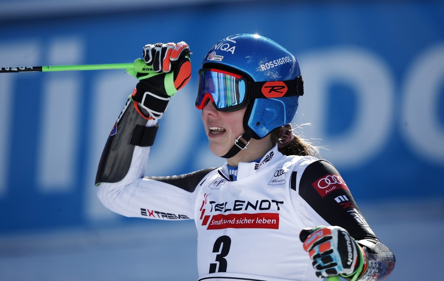 Slovakia&#039;s Petra Vlhova celebrates in the finish area after winning an alpine ski, World Cup women&#039;s giant slalom in Jasna, Slovakia, Sunday, March 7, 2021. (AP Photo/Gabriele Facciotti)