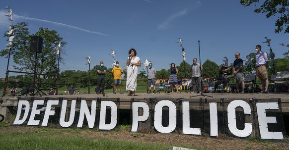 Alondra Cano, a City Council member, speaks during &quot;The Path Forward&quot; meeting at Powderhorn Park on Sunday, June 7, 2020, in Minneapolis. The focus of the meeting was the defunding of the Mi ...