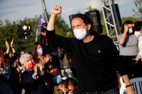 epa09174658 Podemos&#039; candidate to Madrid&#039;s regional elections Pablo Iglesias attends his party&#039;s last campaign rally ahead of the regional election, in Madrid, Spain, 02 May 2021. Madri ...
