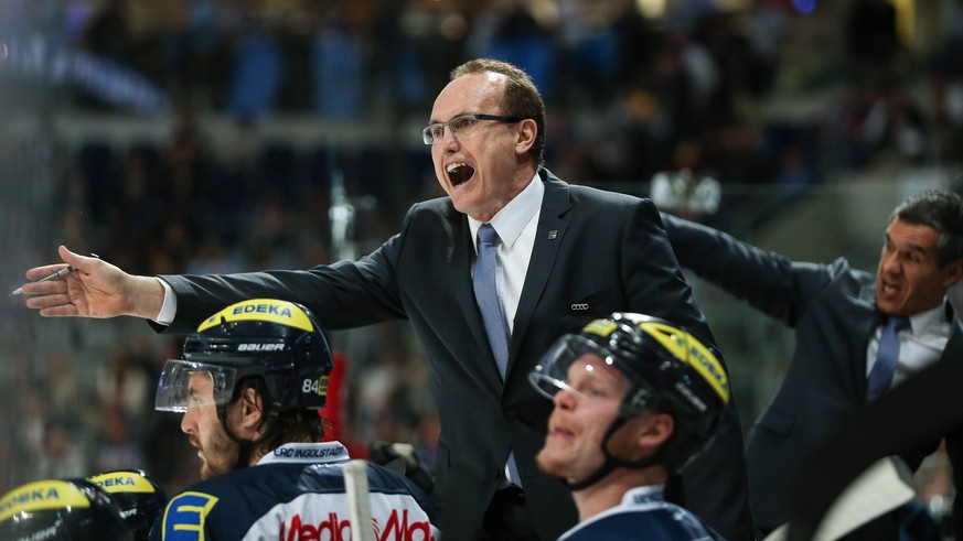 MANNHEIM, GERMANY - APRIL 10: Head coach Larry Huras of Ingolstadt reacts during the DEL Play-offs Final Game 1 between Adler Mannheim and ERC Ingolstadt at SAP Arena on April 10, 2015 in Mannheim, Ge ...