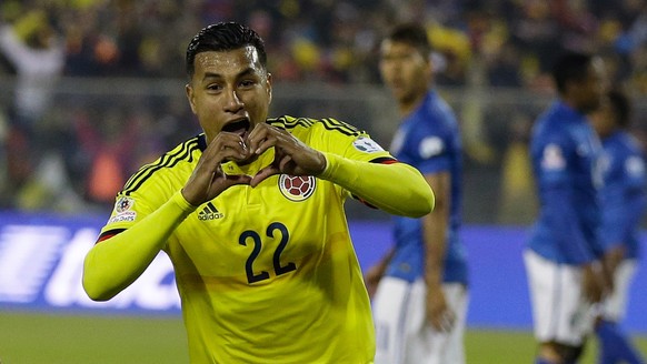 Colombia&#039;s Jeison Murillo celebrates after scoring the opening goal during a Copa America Group C soccer match against Brazil at the Monumental stadium in Santiago, Chile, Wednesday, June 17, 201 ...