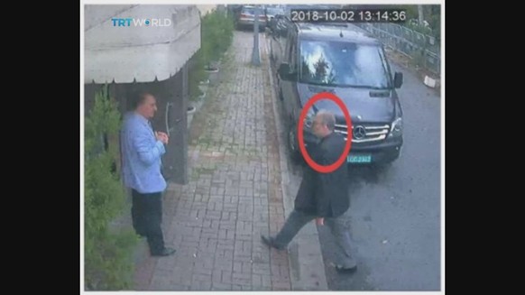 This image taken from CCTV video obtained by the Turkish broadcaster TRT World and made available on Sunday, Oct. 21, 2018, purportedly showing Saudi journalist Jamal Khashoggi entering the Saudi cons ...