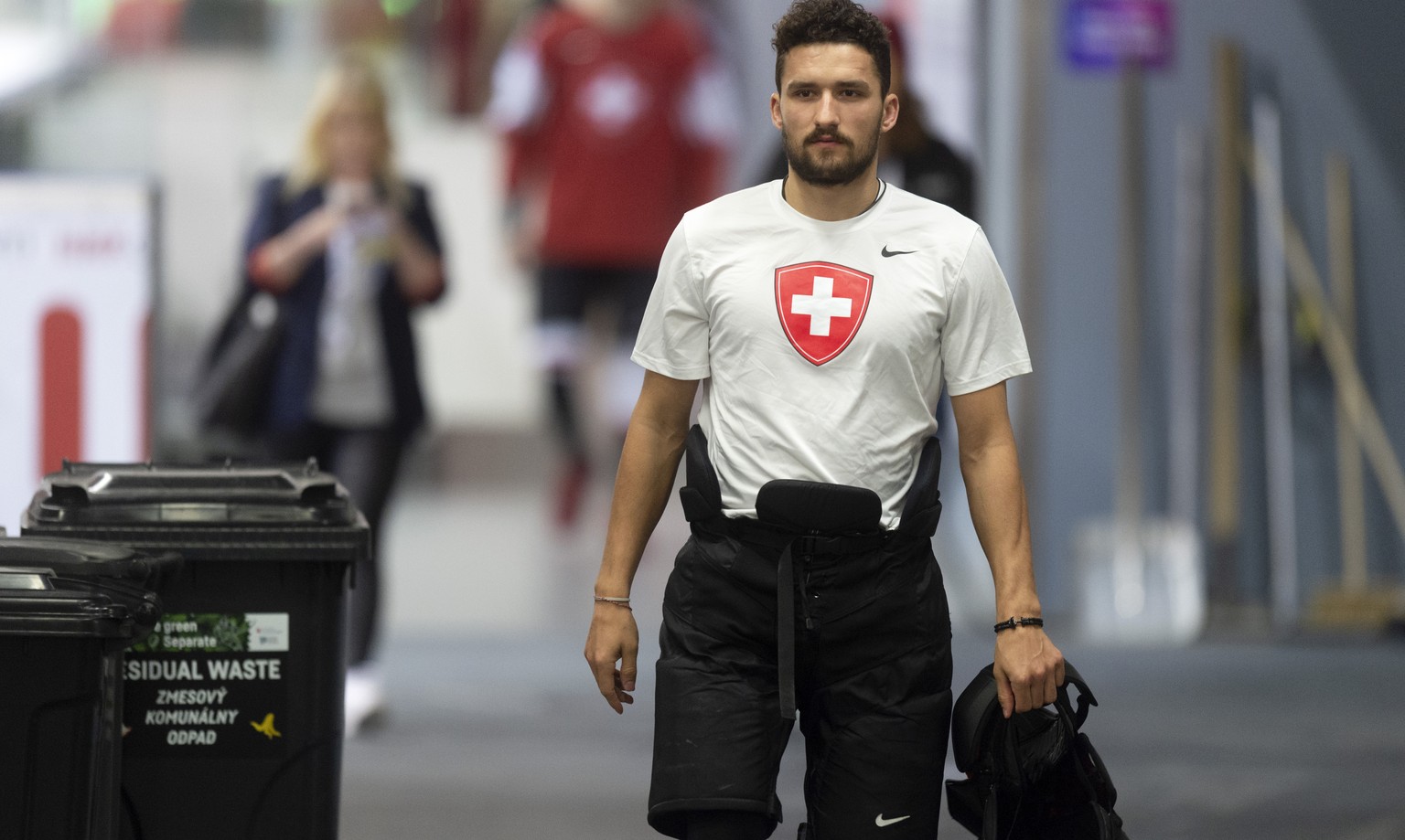 Switzerland&#039;s Vincent Praplan during a training session of the Swiss team at the IIHF 2019 World Ice Hockey Championships, at the Ondrej Nepela Arena in Bratislava, Slovakia, on Thursday, May 9,  ...