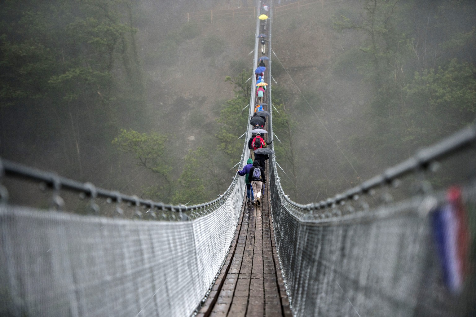 Poeple cross the rope bridge over the Sementina valley near Monte Carasso, Southern Switzerland, Sunday, May 31 2015. The 270 meters long pedestrian bridge spans the the valley at a maximum hight ov 1 ...
