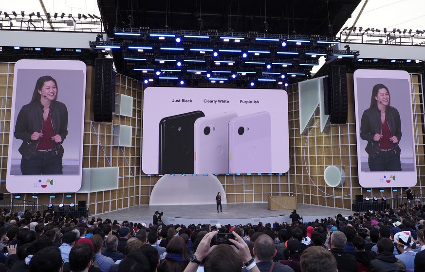 epa07554528 Google Vice President of Product Management Sabrina Ellis introduces the colors of the new Pixel 3a at the keynote during the Google I/O at the Shoreline Amphitheatre in Mountain View, Cal ...