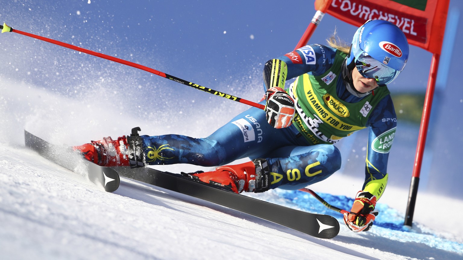 United States&#039; Mikaela Shiffrin speeds down the course during an alpine ski women&#039;s World Cup giant slalom in Courchevel, France, Monday, Dec. 14, 2020. (AP Photo/Marco Trovati)