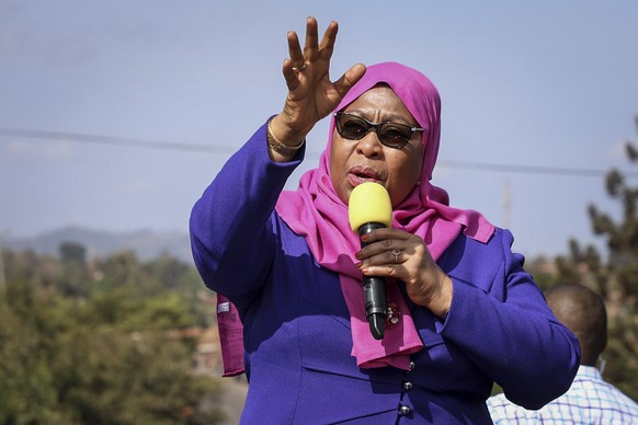 Tanzania&#039;s Vice President Samia Suluhu speaks during a tour of the Tanga region of Tanzania Tuesday, March 16, 2021. Vice President Suluhu announced Wednesday, March 17, 2021 that President John  ...