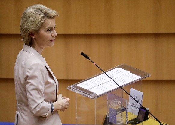 epa08534392 President of the European Commission Ursula von der Leyen addresses a plenary session at the European Parliament in Brussels, Belgium, 08 July 2020. Germany is, since July 1, at the head o ...