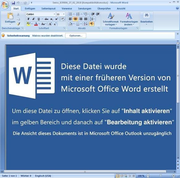 Microsoft Word schützt den Nutzer eigentlich vor Malware. Die Betrüger versuchen ihre Opfer aber mit dieser Nachricht dazu zu verleiten, den Schutz zu deaktivieren, damit sich Retefe installieren kann ...