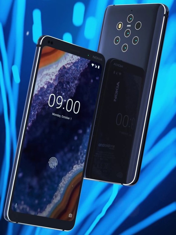 Ein mutmassliches PR-Foto des kommenden Nokia 9 mit Fingerabdruck-Scanner im Display und fünf Kameras, zwei Blitz-LEDs und Laser-Autofokus auf der Rückseite.