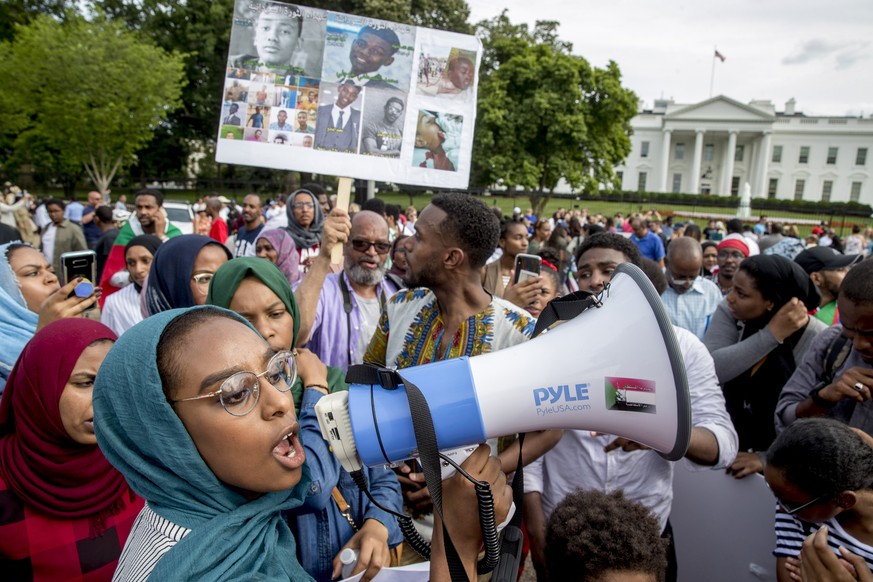 Sudanese Americans rally outside the White House in Washington, Saturday, June 8, 2019, in solidarity with Pro-democracy protests in Sudan. Pro-democracy protest leaders in Sudan on Saturday called on ...