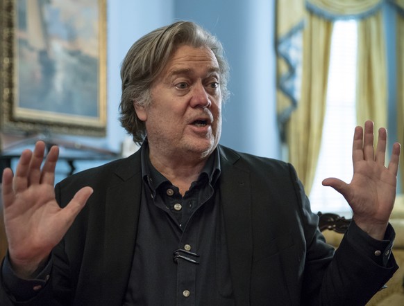 Steve Bannon, President Donald Trump&#039;s former chief strategist, talks about the approaching midterm election during an interview with The Associated Press, Sunday, Aug. 19, 2018, in Washington. B ...