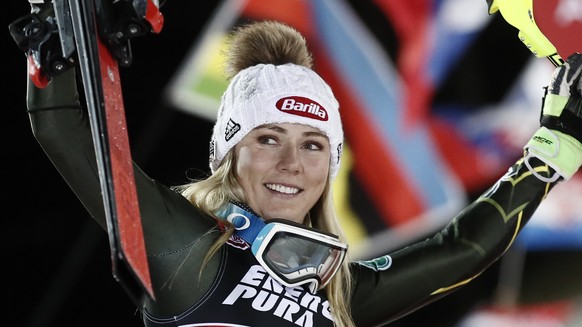 United States&#039; Mikaela Shiffrin celebrates after taking second place in an alpine ski, women&#039;s World Cup slalom in Zagreb, Croatia, Saturday, Jan. 4, 2020. (AP Photo/Gabriele Facciotti)