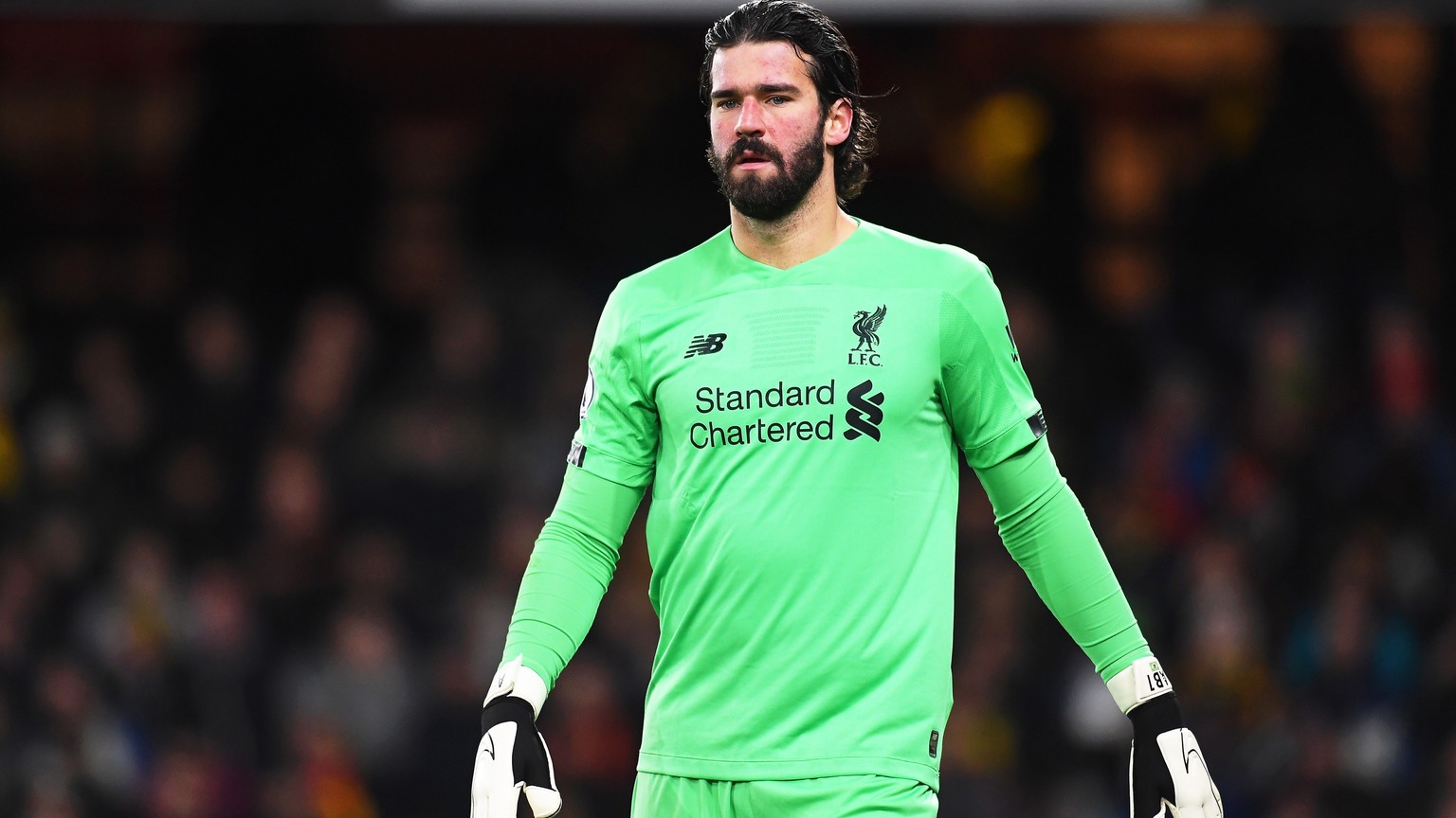 epa08260182 Liverpool&#039;s goalkeeper Alisson Becker reacts during the English Premier League soccer match between Watford FC and Liverpool FC in Watford, Britain, 29 February 2020. EPA/ANDY RAIN ED ...