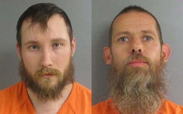 epa08733196 A combo of handout photos made available by the Jackson County Sheriff&#039;s Office shows Joseph Morrison (L) and Pete Musico (R) who were arrested and charged with threat of terrorism, g ...